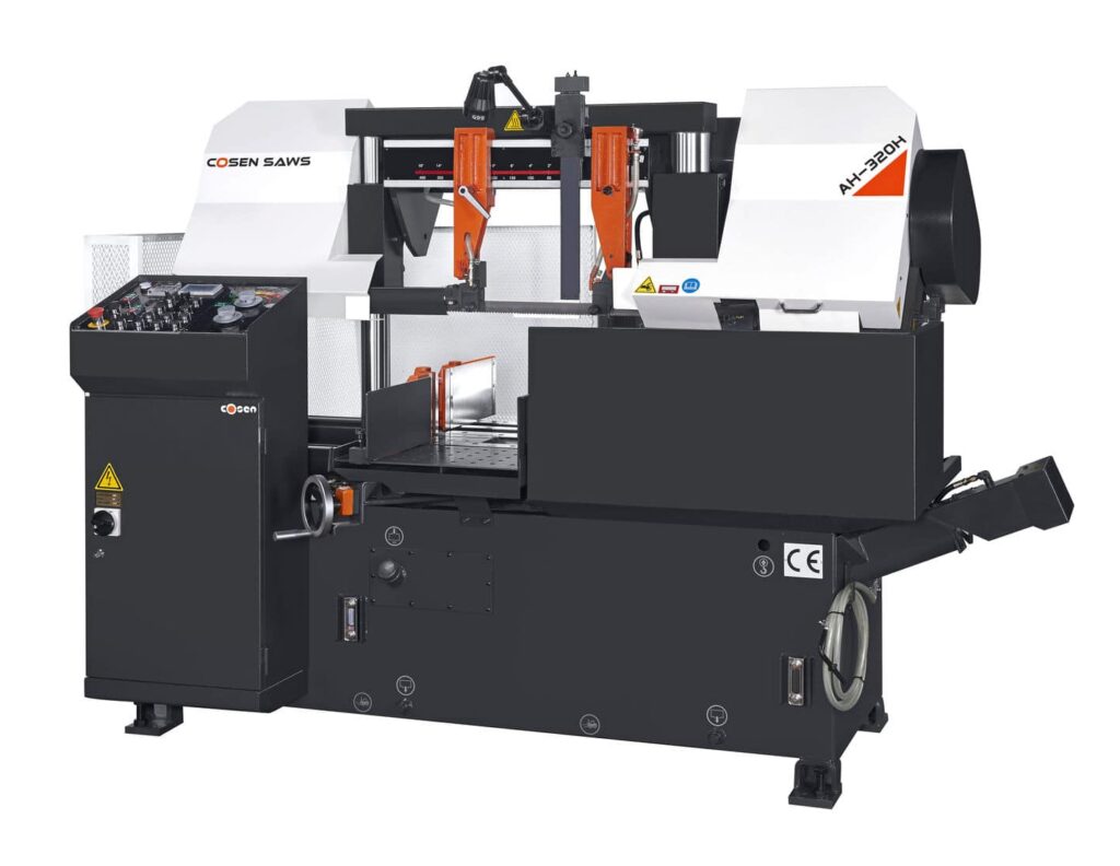 Cosen H-type machines utilize hydraulic shuttle feed system, which offers extremely tight tolerances in both cutting repeatability and accuracy evenat high cutting rates. These machines are built for high to extreme production needs. Capacity Round 320 mm (12.6") Capacity Square 320 mm (12.6") Capacity Rectangle (HxW) 320 x 380 mm (12.6"x15") Blade Speed 15-100 m/min (49.5-330 fpm) Blade Size (LxWxT) 4240x34x1.1 (167"x1.3"x0.042") Blade Motor 5HP (3.75kW) Hydraulic Motor 1HP (0.75kW) Coolant Motor 1/8HP (0.1kW) Automatic Indexing Length 403 mm (15.9"), Max. 3627 mm (142.8") Workbed Height 790 mm (31") Gross Weight 1700 kgs (3740 lbs) Floor Space (LxWxH) 2180x2200x1990 mm (85.8"x86.6"x78.3")